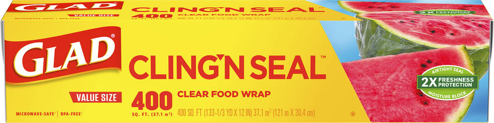 "Glad® Cling 'N Seal™ Clear Food Wrap - 400 sq. ft. Roll for Ultimate Freshness and Protection"