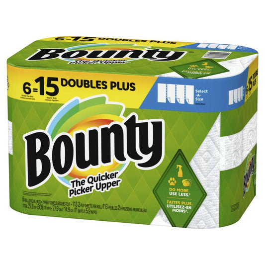 Saim Bounty Paper Towels - 6 Double Plus rolls = 15 regular rolls Select-A-Size white sheets